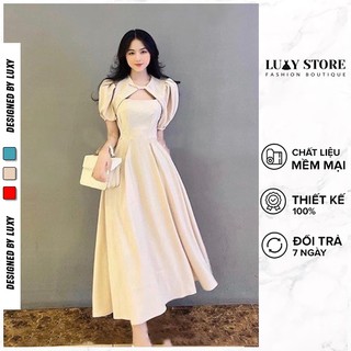 Đầm Xoè Dài Thiết Kế LUXY V30114 Cổ Cách Điệu Tay Bồng Vải Đũi Gân