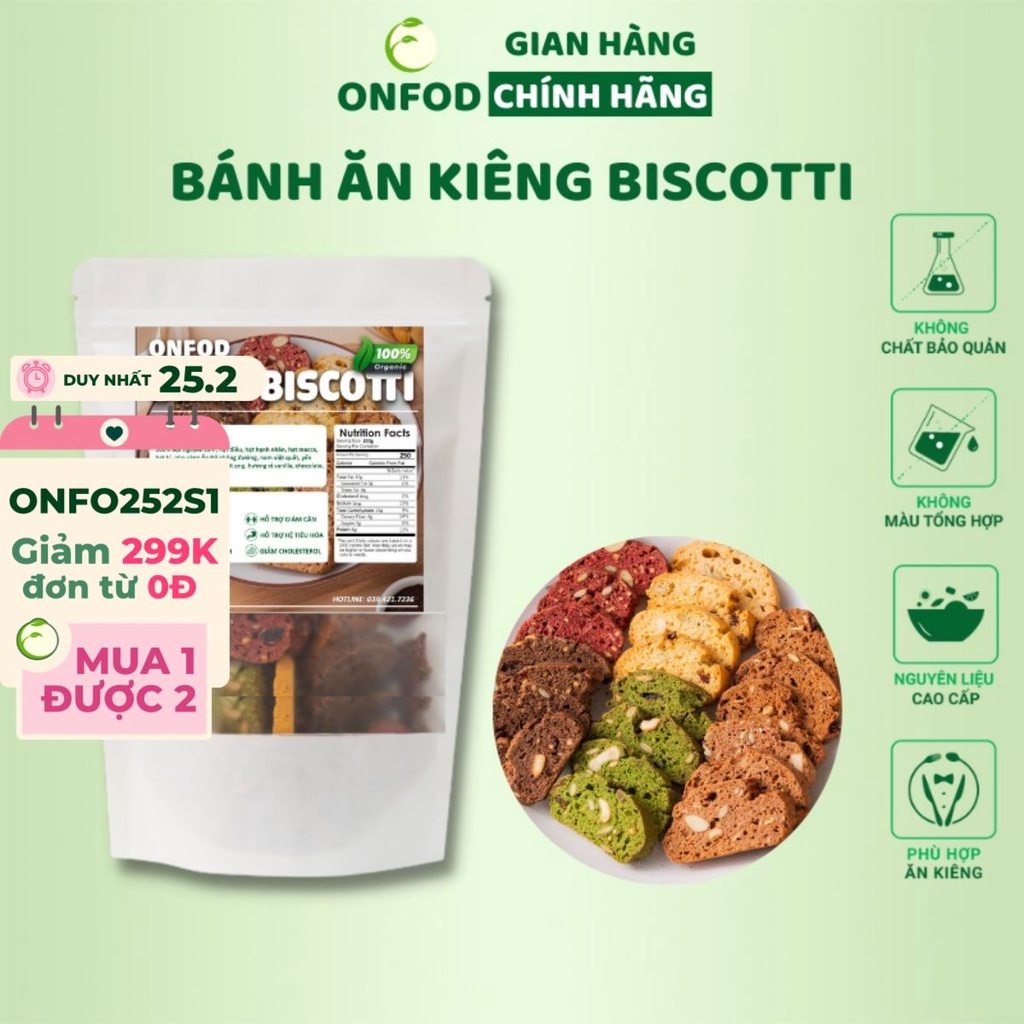 Bánh ăn kiêng biscotti ONFOD mix 5 vị cho người tiểu đường, giảm cân, ăn kiêng, bà bầu 250g 500g