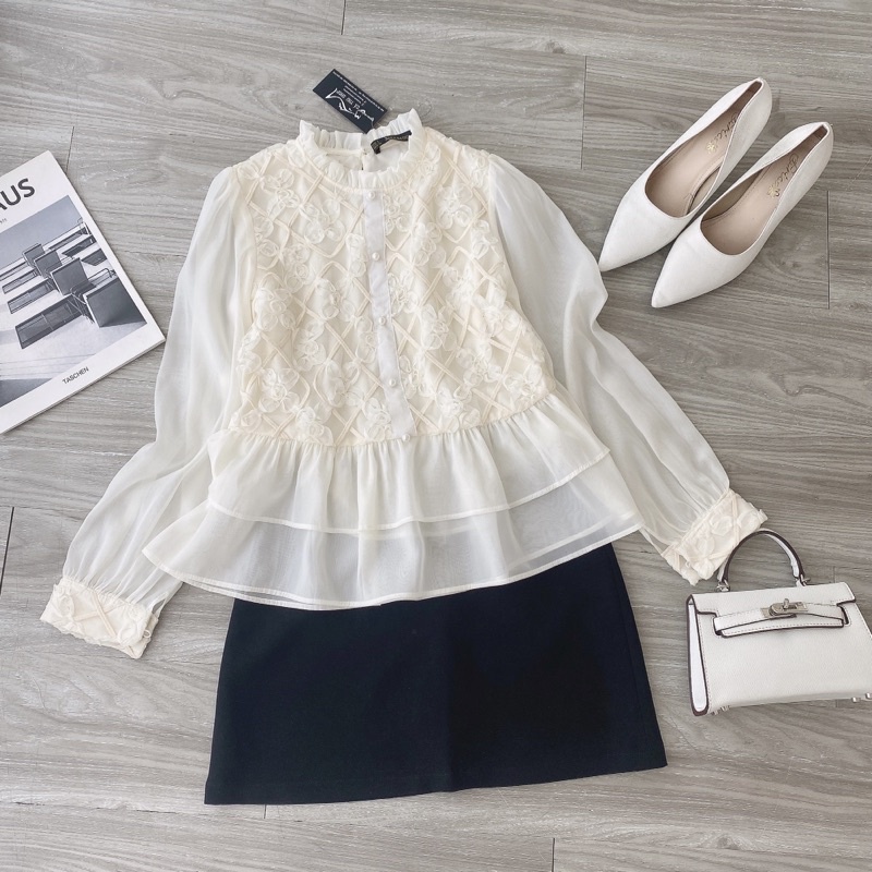 [Ảnh thật + video] Áo tơ peplum ren hoa bèo tầng