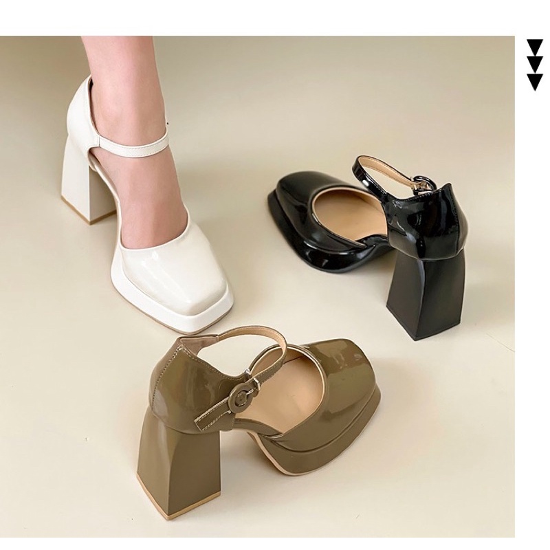 Giày búp bê nữ da bóng gót vuông cao 9cm có khoá cài