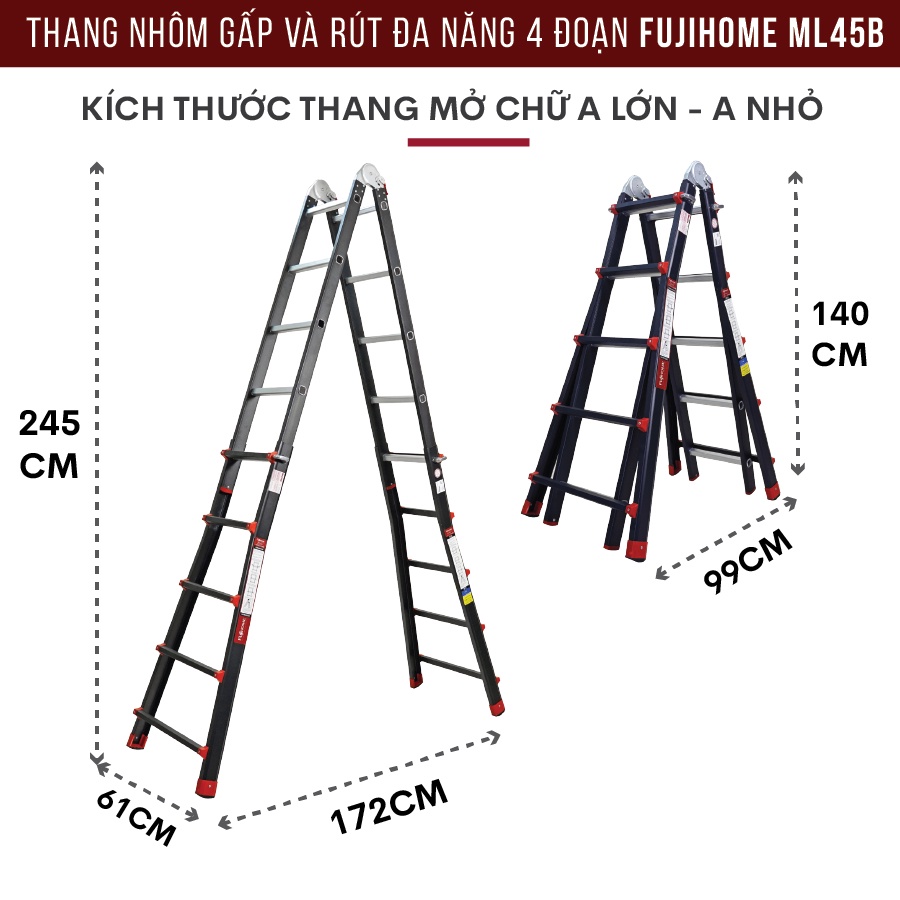 Thang nhôm 5m nhập khẩu FUJIHOME ML45B 4 đoạn xếp nhiều kiểu dáng - Hợp kim nhôm cao cấp - Phủ sơn tĩnh điện