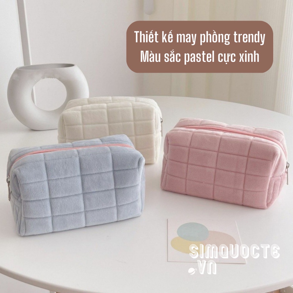 Túi đựng bút, đồ trang điểm vải nhung bông mềm mại cỡ lớn màu pastel xinh xắn phong cách Hàn Quốc TMP41