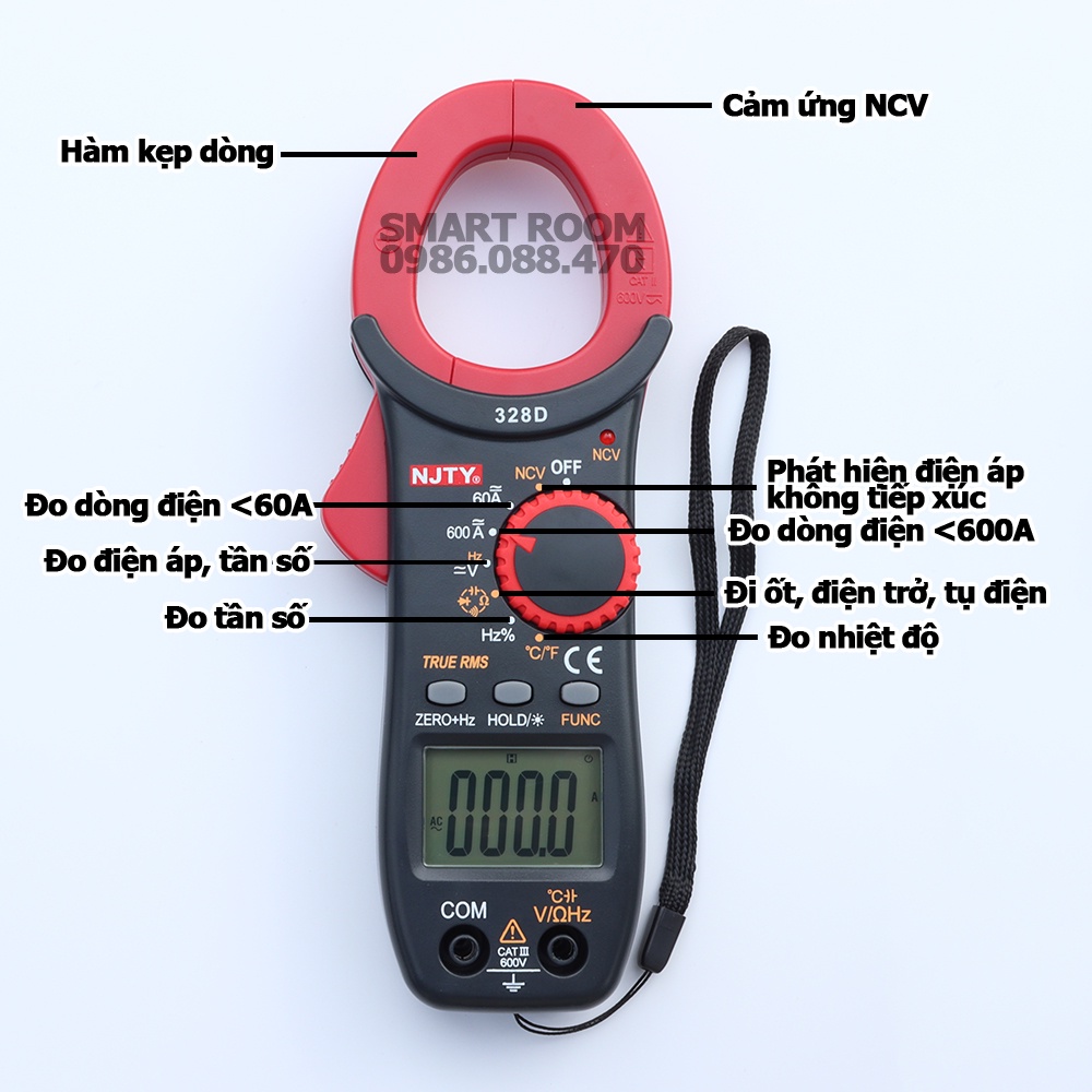 Ampe kìm 328D NJTY đồng hồ kẹp dòng AC và DC vạn năng đo tụ điện, diode, tần số, nhiệt độ, điện trở, điện áp NCV