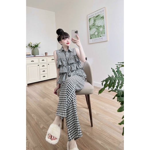 Set Bộ Sọc Caro Dài Áo Sơ Mi Đũi Sát Nách Tầng Babidoll Kèm Short