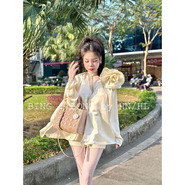 ÁO SƠ MI CỔ V CHẤT LỤA SATIN KÈM HOA VAI SANG CHẢNH | BigBuy360 - bigbuy360.vn