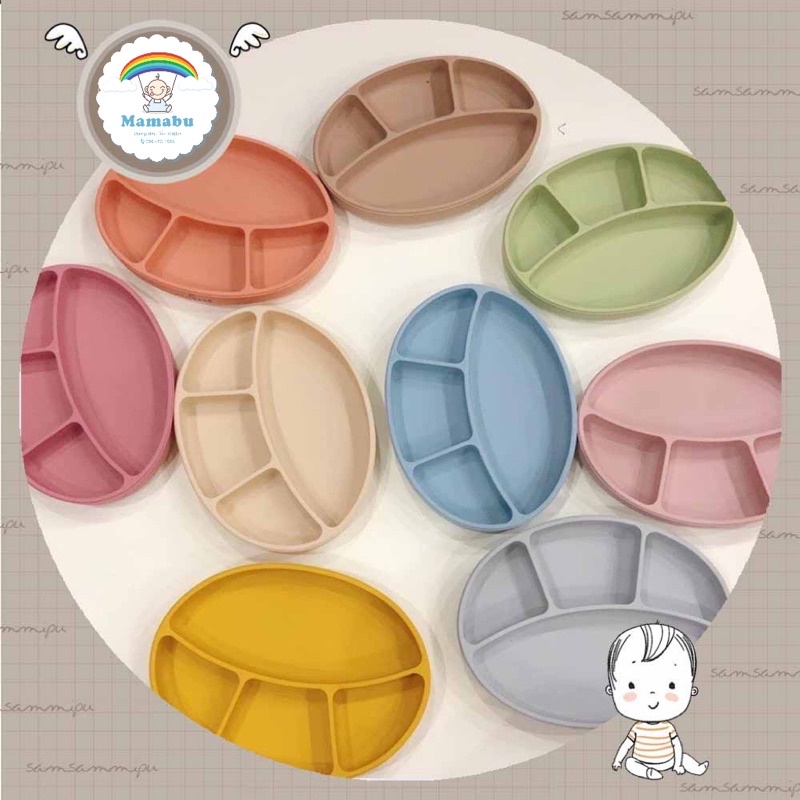 Khay Silicon Đế Hít Đựng Đồ Ăn Dặm Chống Đổ Chống Lật Cho Bé Ăn Dặm Chỉ Huy BLW Hoặc Kiểu Nhật Mamabu