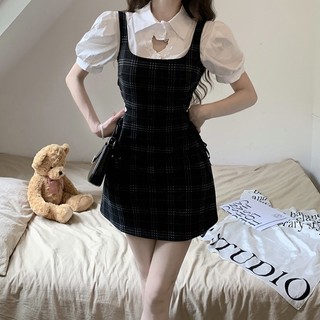 (S10) Set sơ mi croptop & váy kẻ khoét eo