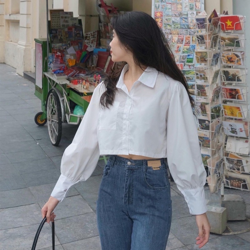 Áo Croptop Sơ Mi Tay Dài 1 Túi