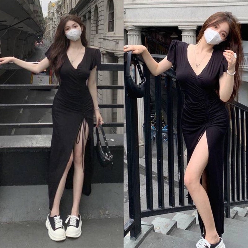 Đầm Tay Ngắn Cổ V Xẻ Tà Rút Dây 1 Bên Hông - Dáng Dài Maxi Form Ôm Body Sexy Sang Chảnh - Tiểu Thư Bánh Bèo Cute