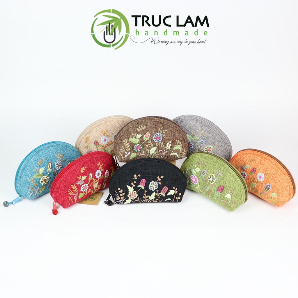 Ví Cầm Tay Nữ Ví Sò Vải Gai Họa Tiết Hoa Cỏ Thêu Tay Hai Mặt Họa Tiết Hoa Cỏ Trúc Lâm Handmade THEUV42