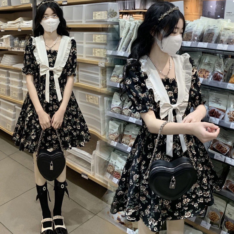 Đầm Ngắn Cổ Thủy Thủ Màu Đen Họa Tiết Hoa Xinh Xắn Thời Trang Mùa Hè Theo Phong Cách Pháp