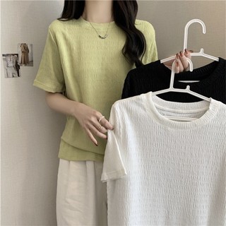 Áo thun cộc tay chất xốp nhăn cổ tròn dáng vừa 5 màu
