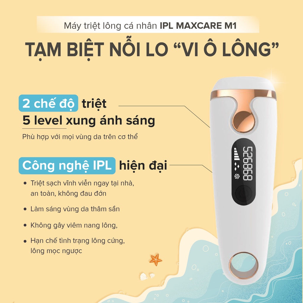 Máy triệt lông vĩnh viễn Ice Cool, Mini tại nhà Maxcare Venus Công nghệ IPL trẻ hóa da, không bỏng rát, thương hiệu Nhật