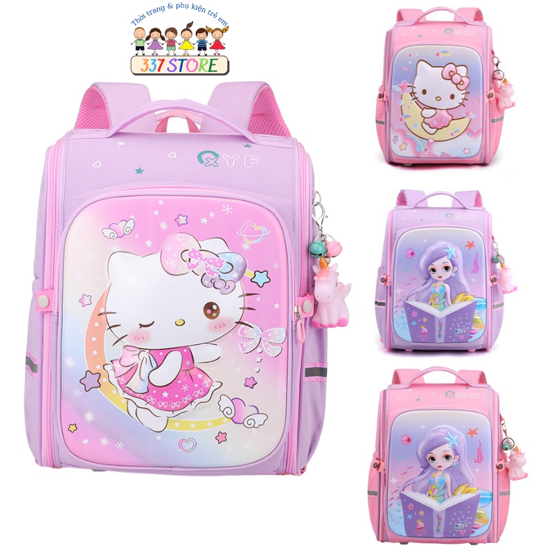 Cặp sách chống gù, balo cho bé gái đi học tiểu học lớp 1 2 3 họa tiết 3D Kitty Công chúa Elsa 337 Store