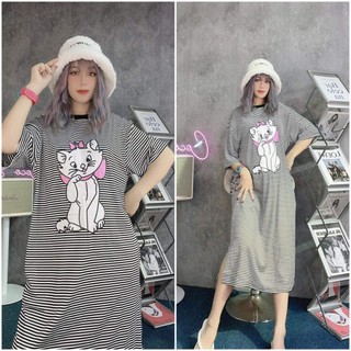 D013 - Đầm thun sọc dáng suông họa tiết hình SỌC MÈO dễ thương đi chơi đi dạo phố