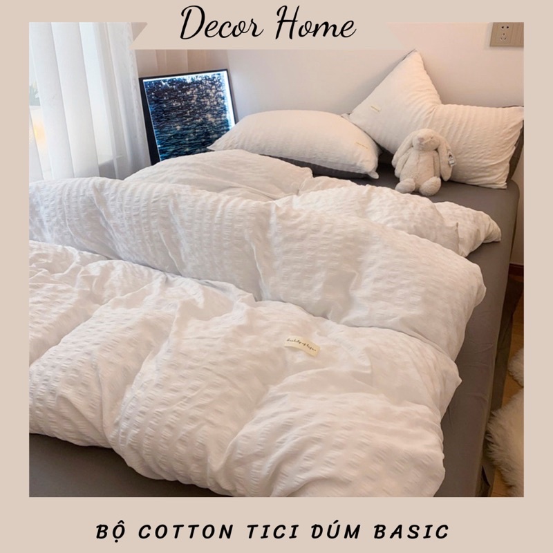 Bộ ga gối và vỏ chăn Cotton Tici Dúm Kẻ Sọc mẫu Trắng Ghi Decor Home