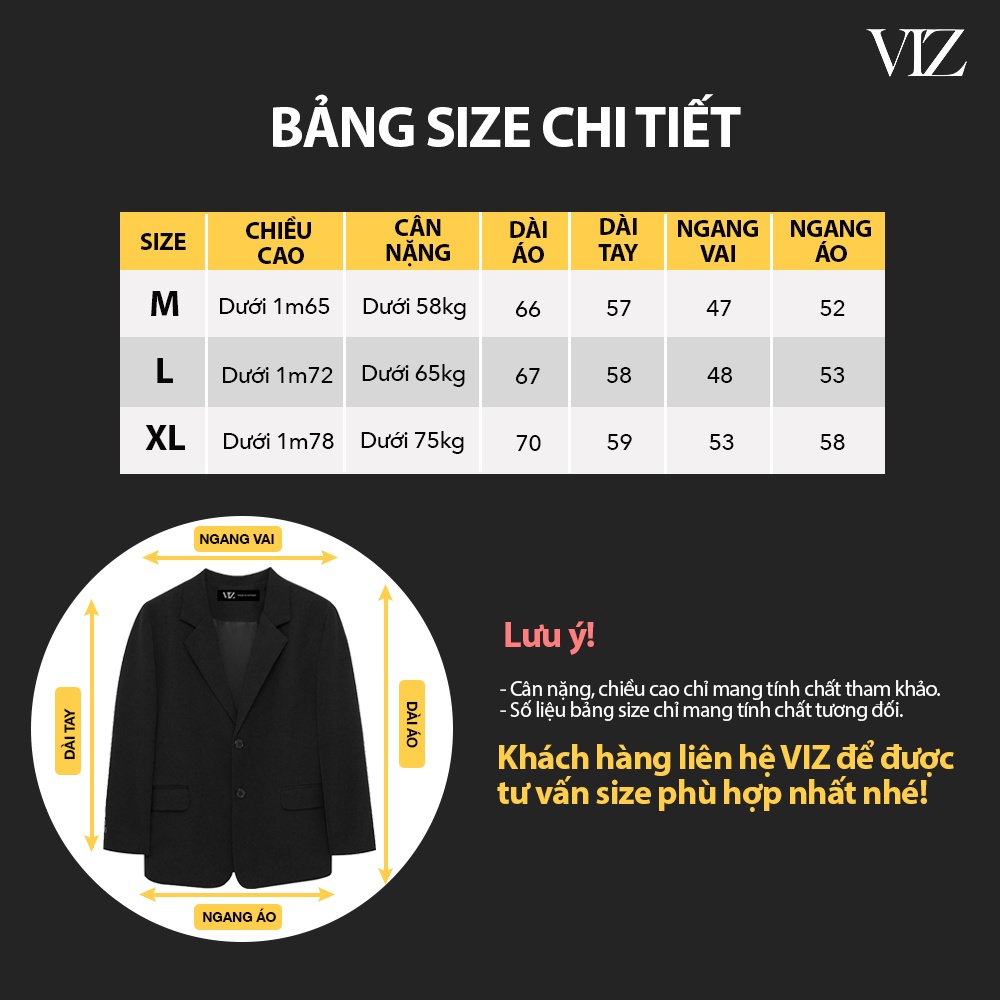 Áo khoác blazer nam form rộng hàn quốc màu đen, kem 2 khuy cài thương hiệu VIZ