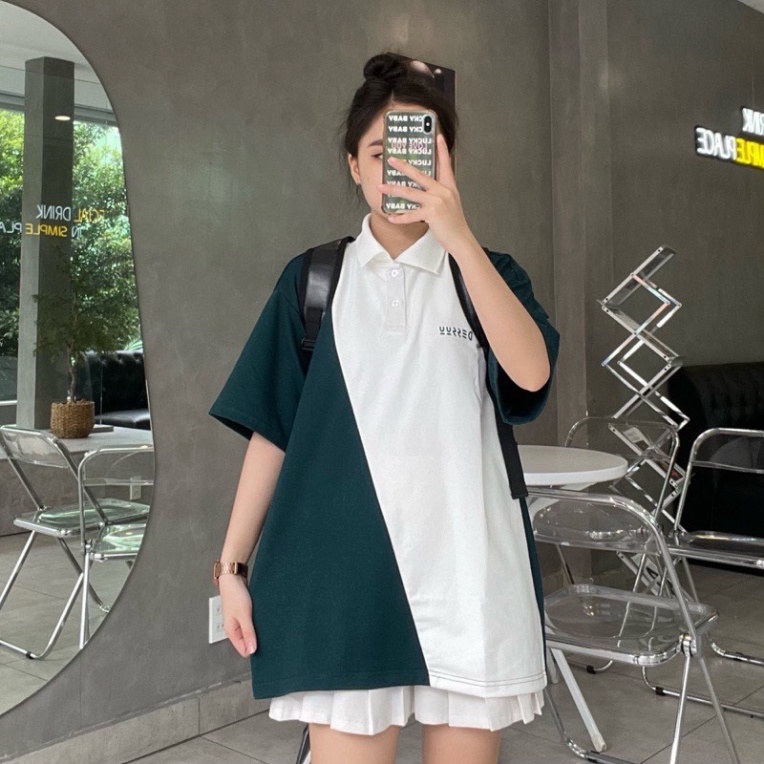 Áo polo chữ hàn phối màu,from dáng rộng.phong cách cách thời gian thể thao