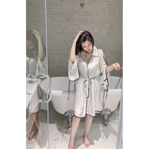 ♥️Hàng QC♥️Váy ngủ lụa sơmi tay lỡ đuôi tôm_Thanhhien997_lụa satin cao cấp 918.