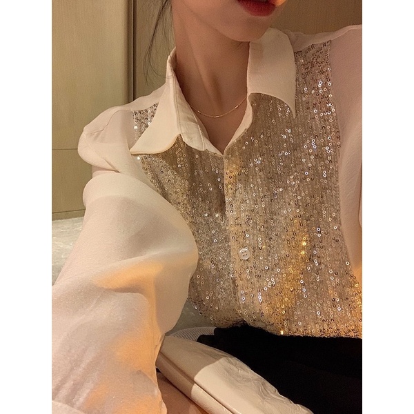 Áo sơ mi vải lụa đính nhũ kim cương,áo sơ mi công sở phong cách sang chảnh thanh lịch nhẹ nhàng