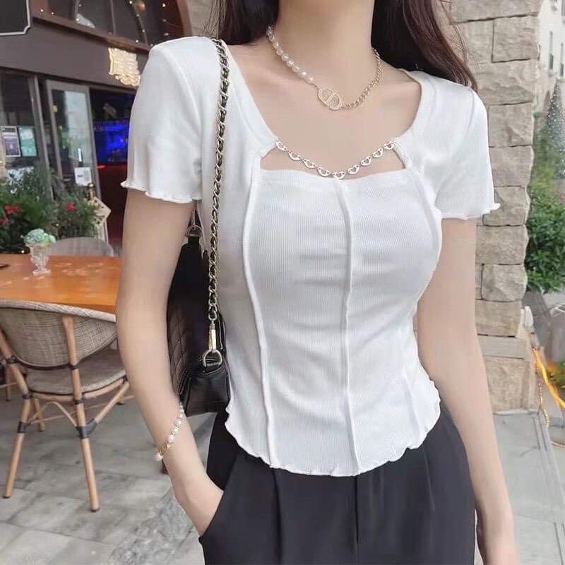 Áo thun body kiểu vạt bầu phối xích tay ngắn chất gân tăm- Ringu shop