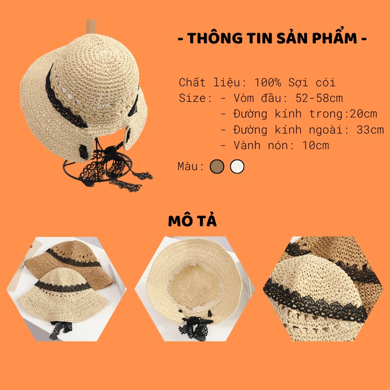 Mũ cói đi biển nữ đẹp mềm, Nón che nắng mềm dễ dàng gấp gọn phối dây ren đen màu nâu, be thời trang mùa hè - Mã NC035