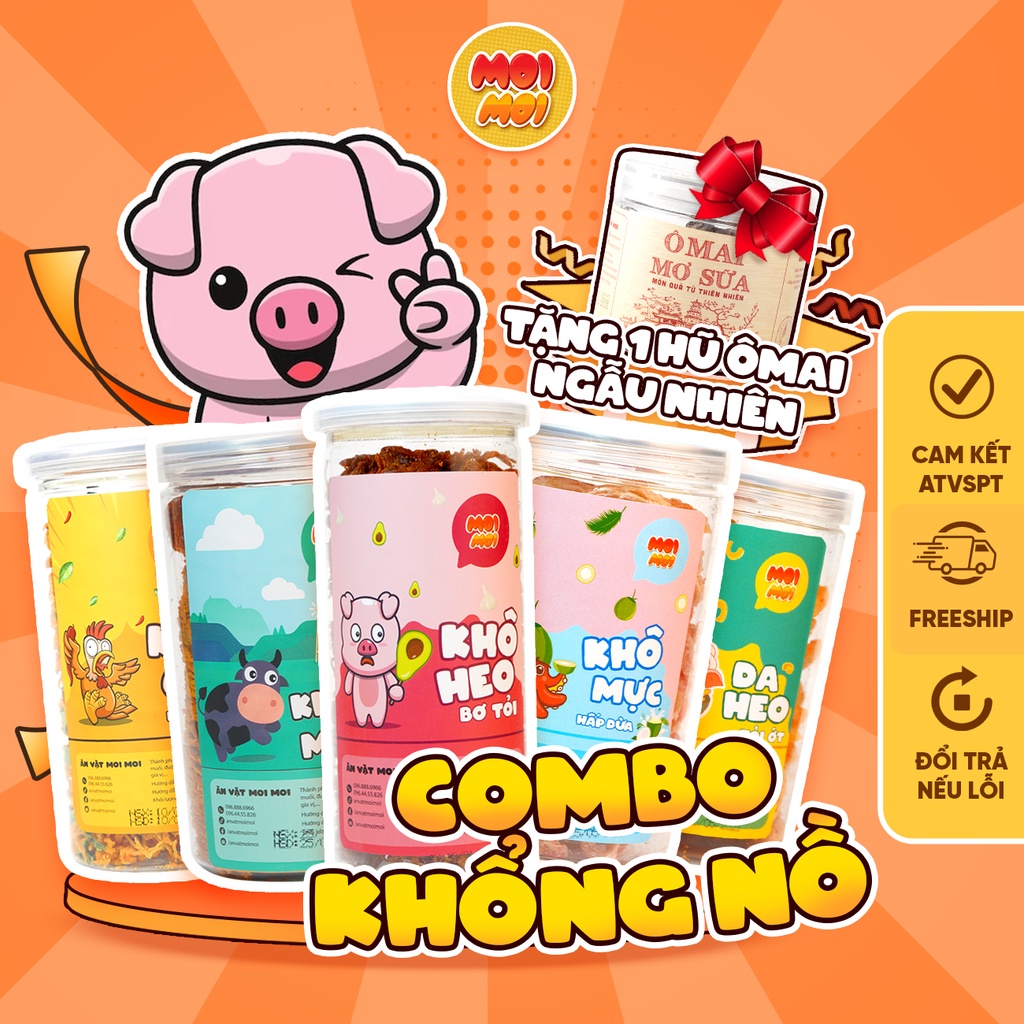 Combo 6 hũ: Khô bò miếng; Khô gà lá chanh; Khô heo bơ tỏi; Khô mực hấp dừa;Da heo tỏi ớt; Ô mai mận cơm cay - MoiMoi0