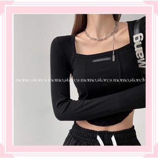 Áo croptop ôm nữ tay dài cổ vuông basic chất thun gân dày dặn
