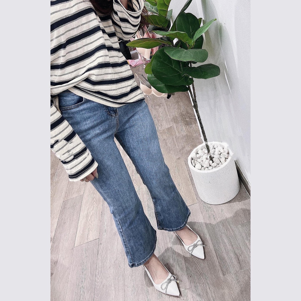 Quần Jean Ống Loe Form Dài Vừa  Lưng Cao Co Dãn Nhẹ - Leda
