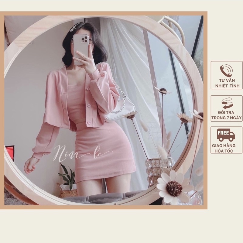 Set váy body kèm áo khoác cadigan chân váy ôm dễ thương