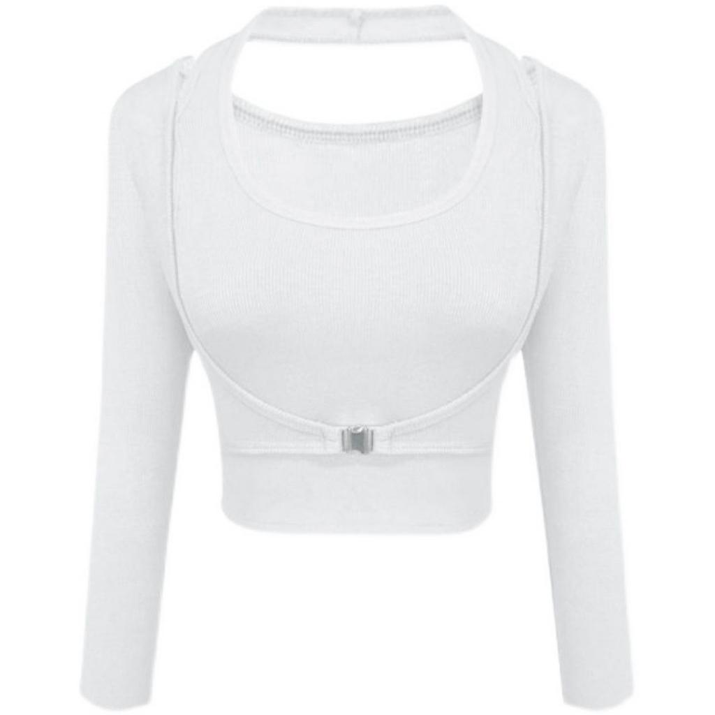 Áo croptop tay dài phối khuyên trước ngực tôn V1 GenY, Áo kiểu nữ cổ giả yếm ôm body cực tôn dáng -ADT29-