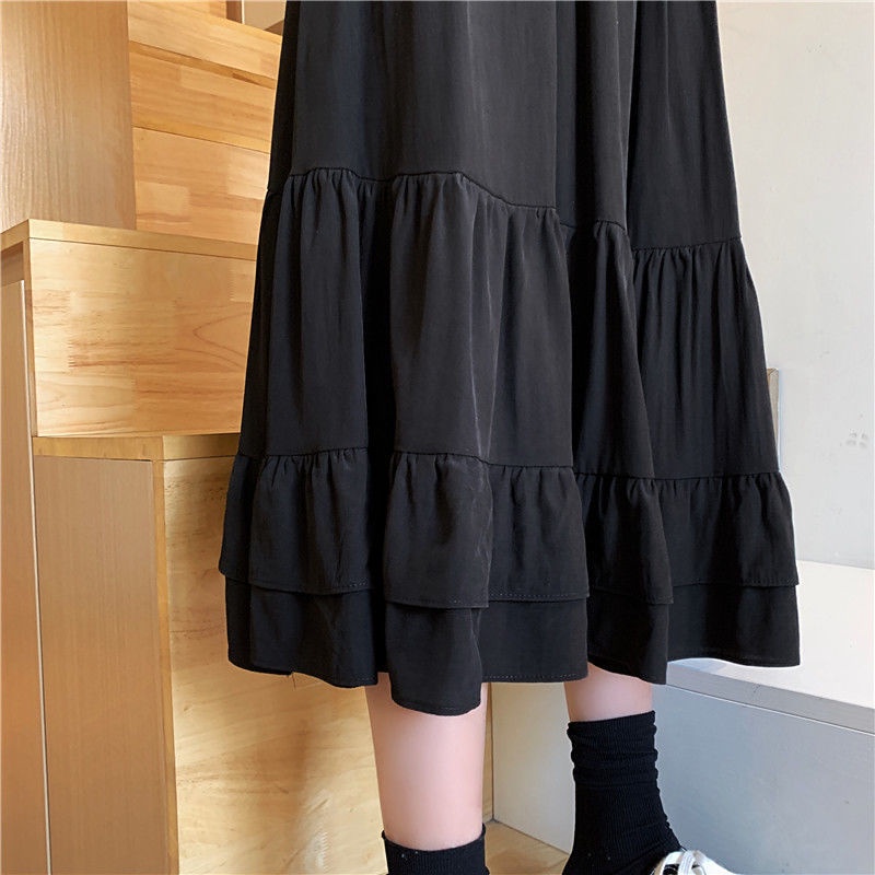 Happy-store ❤️ Váy voan nữ dài vừa phải eo cao màu trơn nhỏ tươi tắn phù hợp với váy chữ A xòe lớn tự trồng