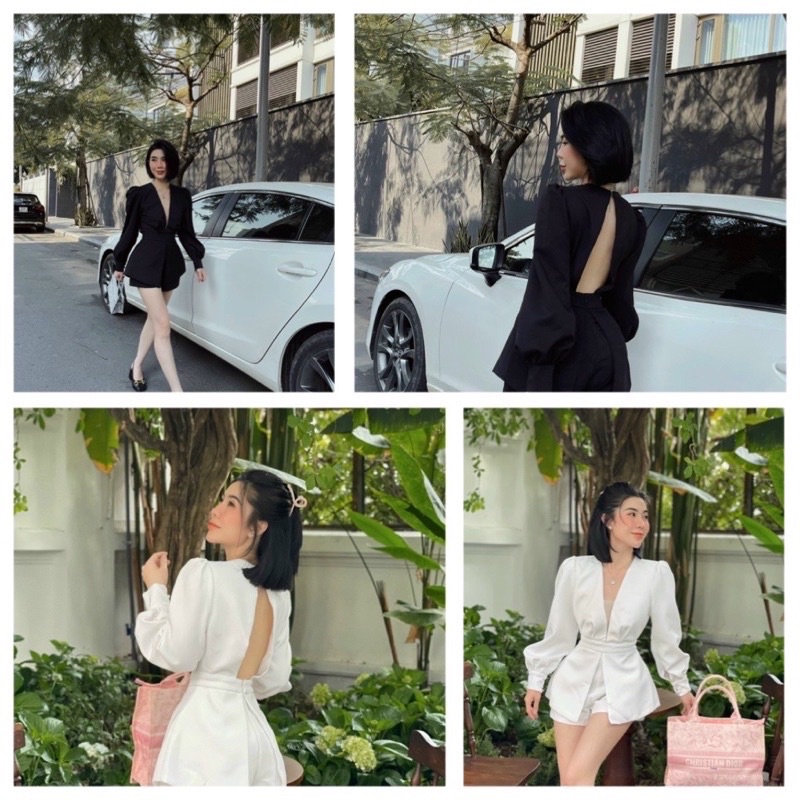 Jumsuit Body Nhấn Eo Cổ V Phối Lưới Kèm Quần Màu Sang Chảnh