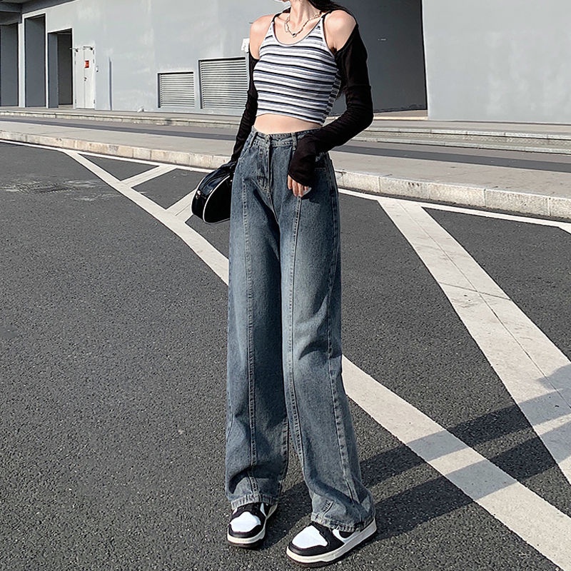 ZHELIHANGFEI Quần Jean Lưng Cao Ống Rộng Phong Cách Retro