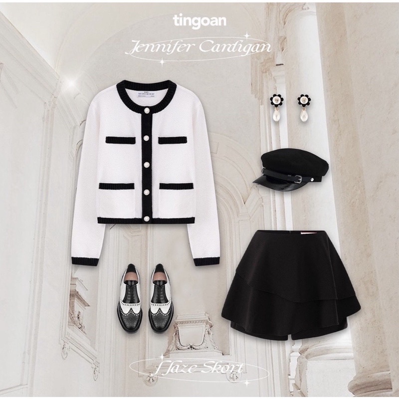 Áo len cardigan 4 túi trắng viền đen tingoan