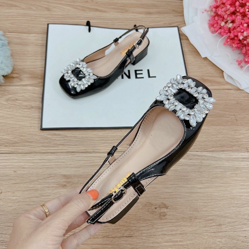 Giày lolita mũi vuông quai sau đi chắc chân mũi đính đá sang chảnh