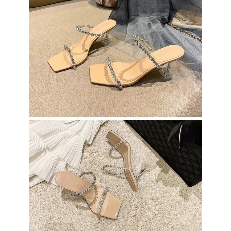 Giày Cao Gót Mũi Vuông Đính Đá Thời Trang Cho Nữ