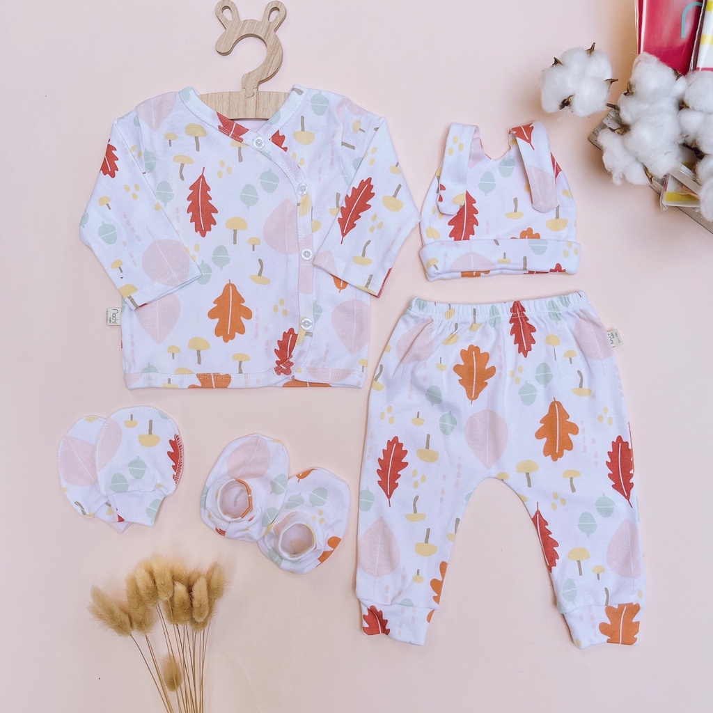 Set 5 chi tiết bộ dài tay sơ sinh cotton cao cấp cho bé sơ sinh 0-3 tháng