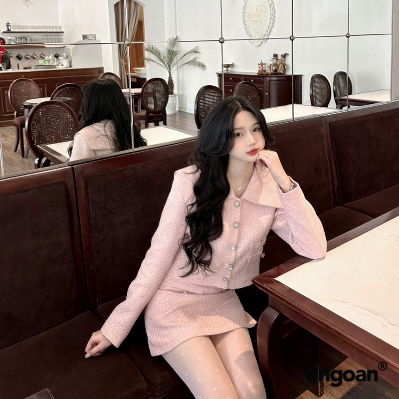 TINGOAN® - Áo khoác tweed hồng lấp lánh lửng cổ bẻ thủy thủ đính cúc đá SAILOR MOON JACKET/PK