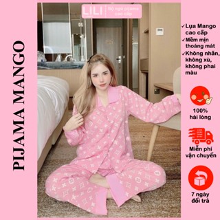 Đồ bộ mặc nhà nữ, bộ ngủ pijama chất lụa MANGO loại 1 quần dài áo dài hoạt tiết V hồng