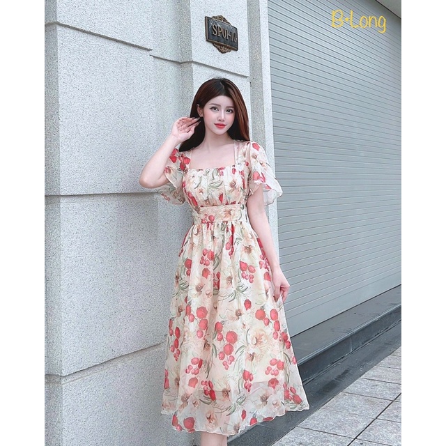 Váy hoa cổ vuông xinh