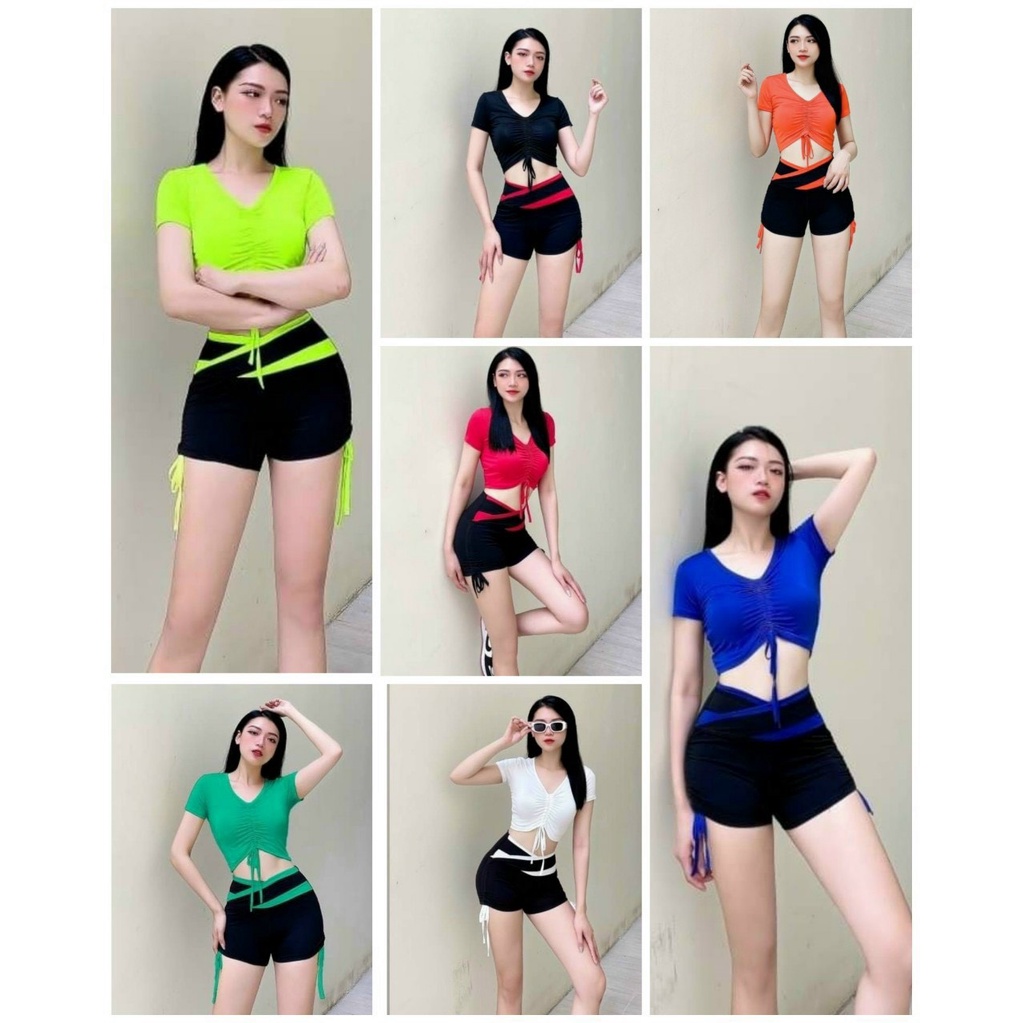 Đồ tập gym nữ, bộ tập gym erobic nữ áo có tay rút dây giữa quần đùi rút dây cạp chéo phối màu( Set đùi áo rút)-Ng12