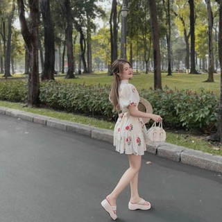 Đầm Hoa Cổ V Kèm Đai Thắt Eo Mã KH01