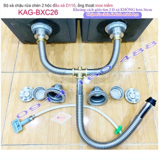 Bộ xả chậu rửa chén đôi inox 304 kag-bxc26, bộ ống thoát bồn rửa bát d110 chất liệu sus304 siêu bền thoát nước nhanh