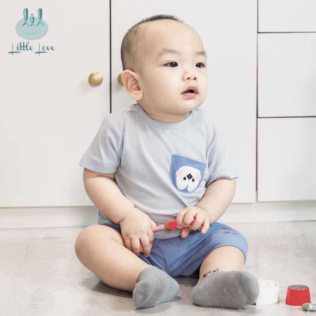 Little love 2023 - Bộ quần áo cộc tay pettit in túi ngực 2023 cho bé trai bé gái từ 9m đến 4y little love