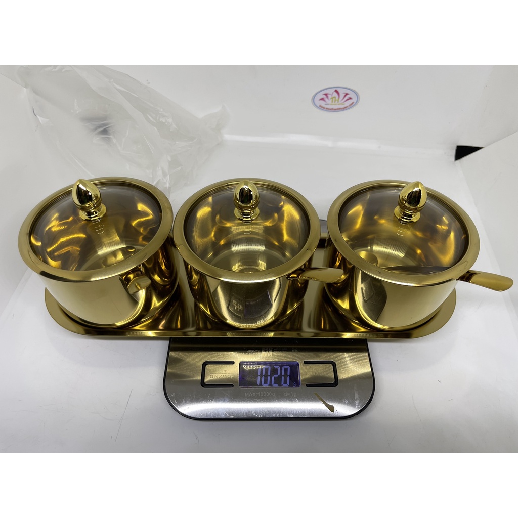 Bộ 3 hủ gia vị kèm khay Kacheeg Đức hủ thủy tinh dày cao cấp có muỗng 304 dung tích 350ml sang trọng