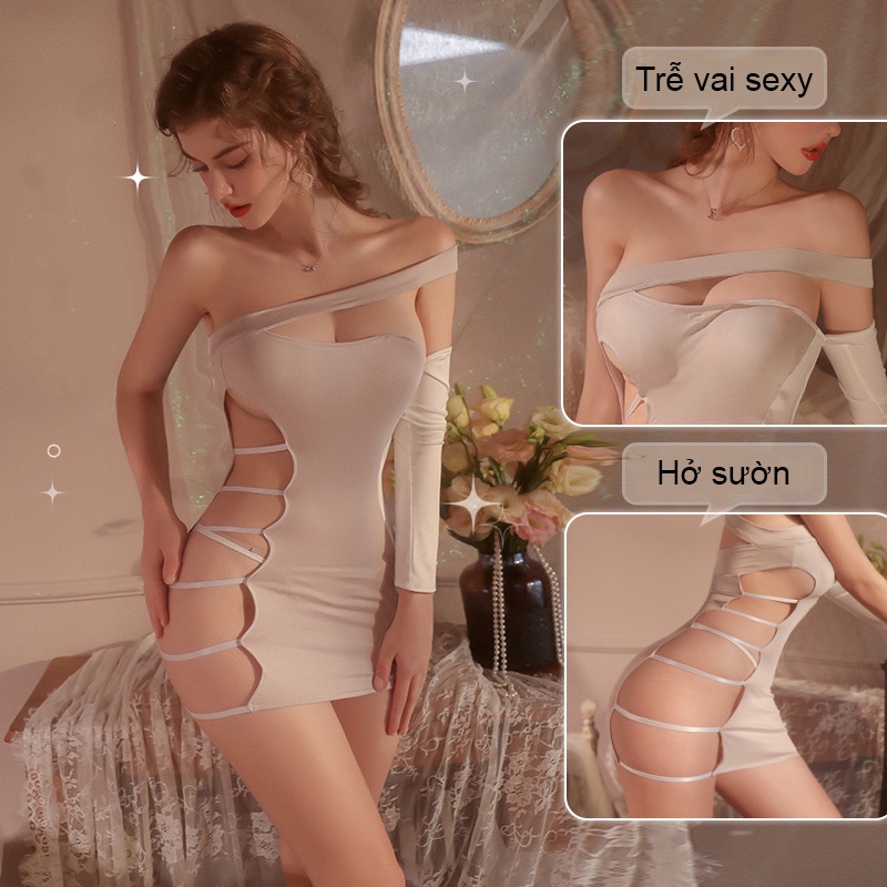 Váy quây ngắn ôm body lệch vai hở sườn sexy gợi cảm, đồng phục PG xe hơi trang phục sexy dance