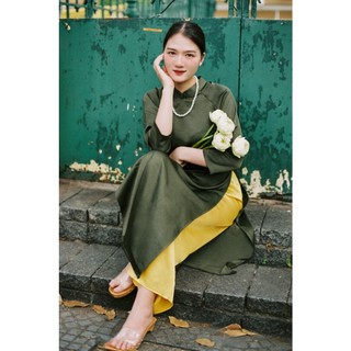 Set Áo Dài Rosemary Lụa Tây thi Xanh rêu đậm