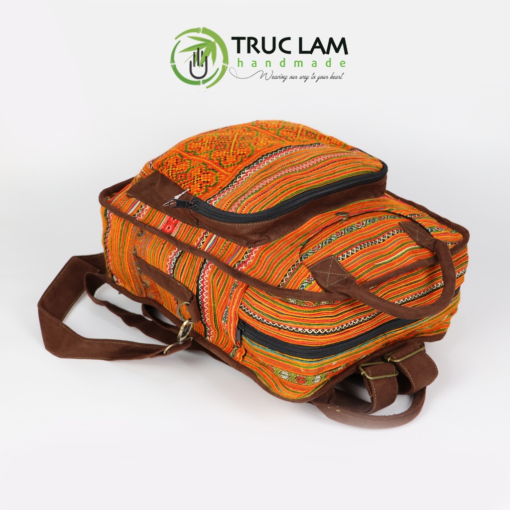 Balo Nam Nữ Thời Trang Unisex Trúc Lâm Handmade TCBL08 Vải Thổ Cẩm Phối Viên Da Lộn Cao Cấp Kiểu Dáng Đa Năng Hiện Đại