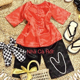 Set bà ba đỏ lụa hàng may thiết kế cho bé